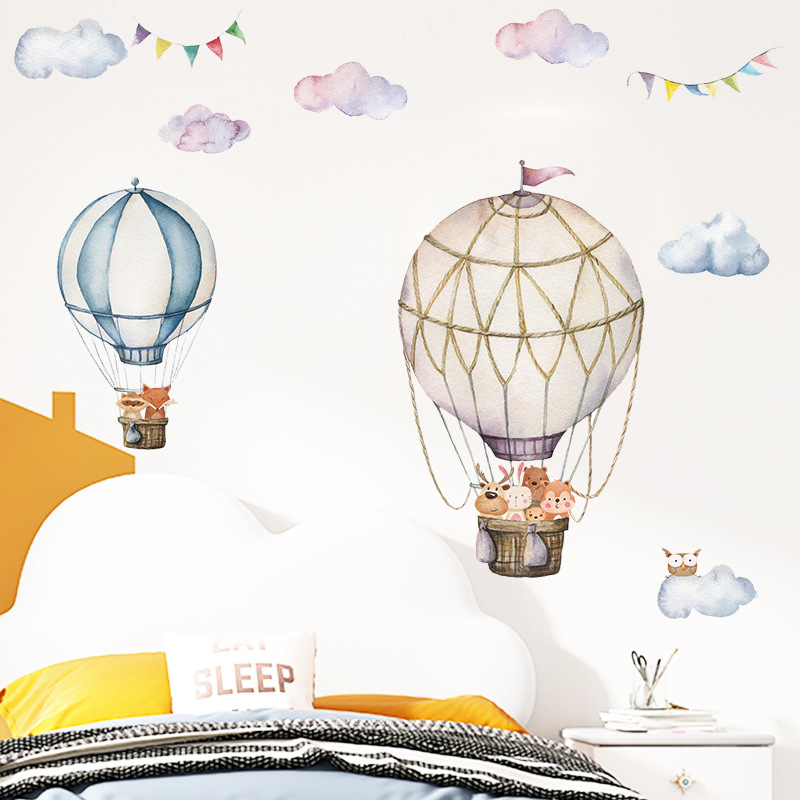 Baby Nursery Mural Wallpaper - Cartoon Animal Hot Air Balloon Wall