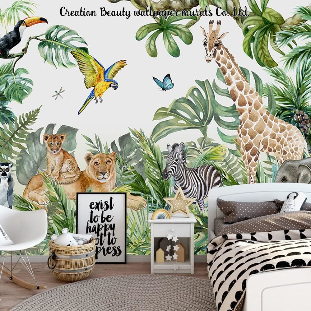 Baby Nursery Mural Wallpaper - Watercolor Animals Jungle Wallpaper for Children