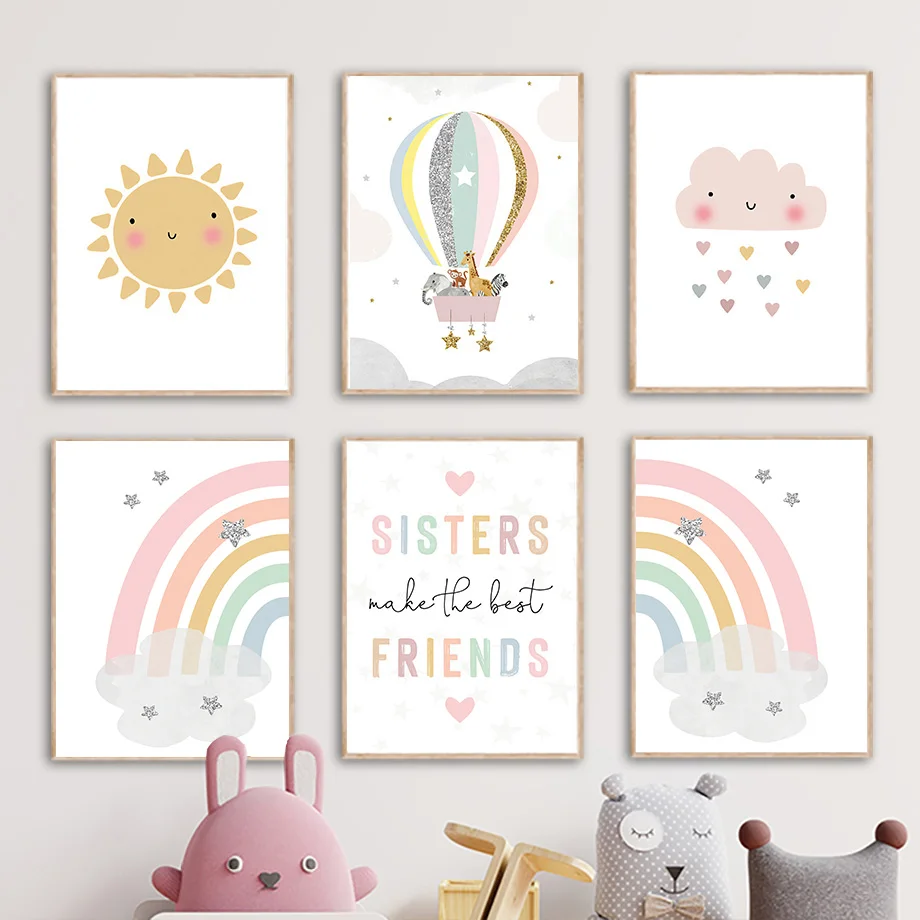 Baby Name Wall Art - Giraffe Elephant Hot Balloon Sun Rainbow