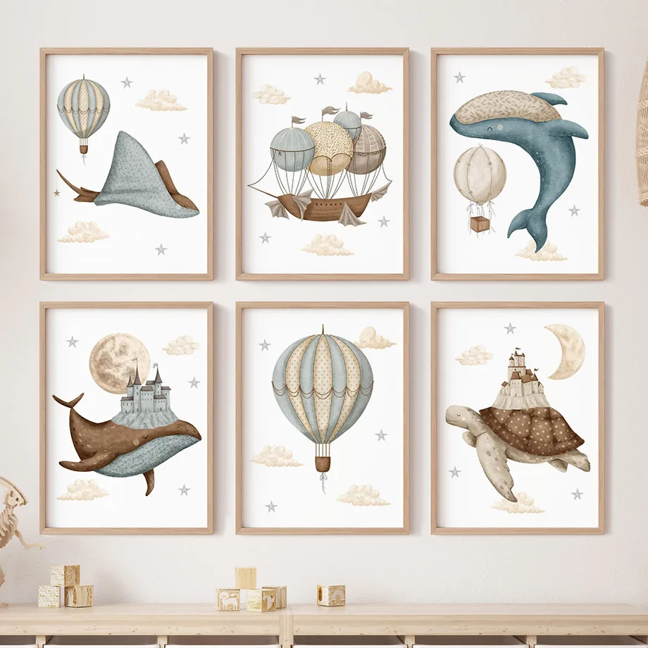 Baby Nursery Art - Whale Turtle Castle Balloon Nordic Nursery