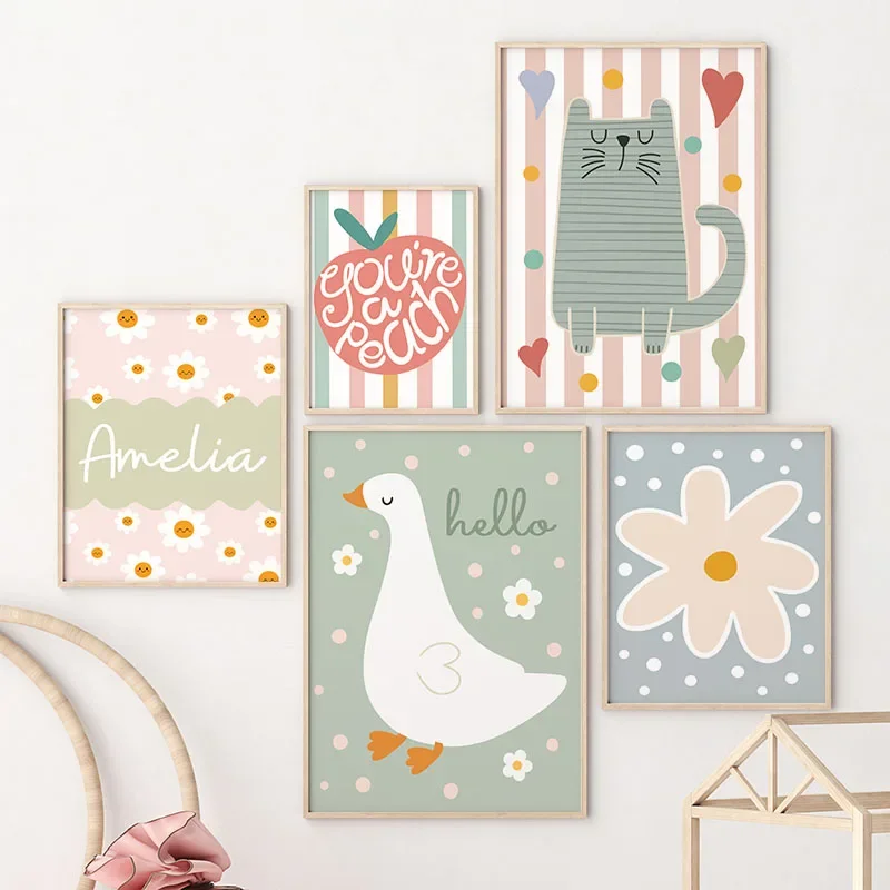 Baby Name Wall Art - Cartoon Cat Duck Bird Apple Custom