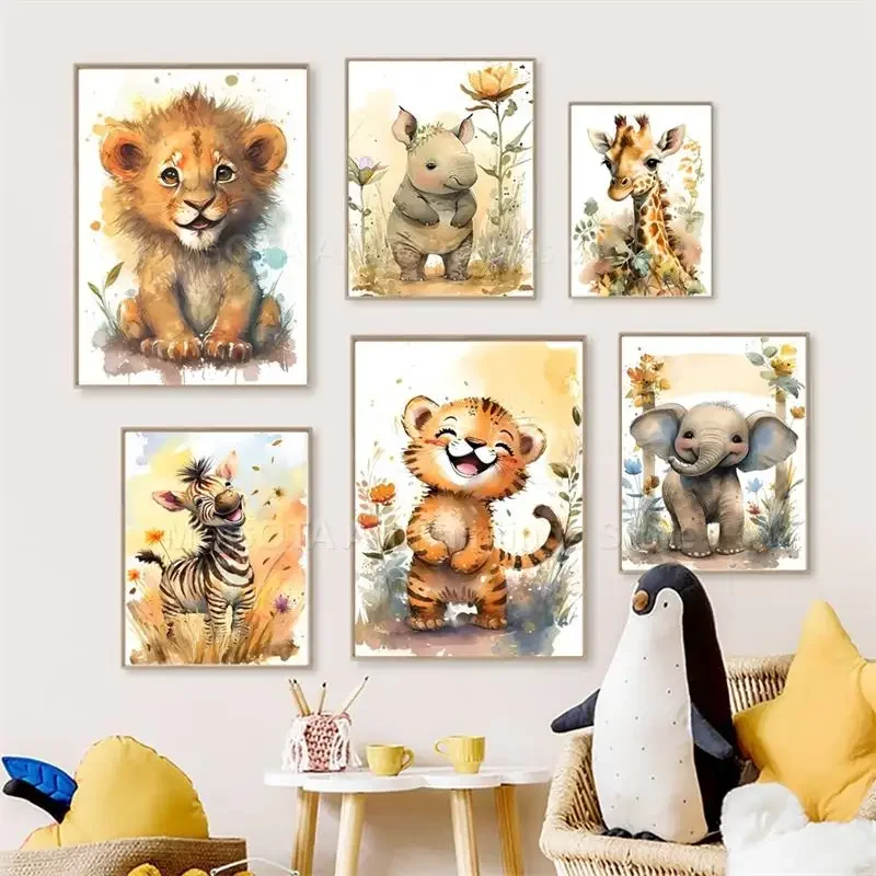 Baby Nursery Art - Watercolor Lion Giraffe Tiger Elephant Zebra