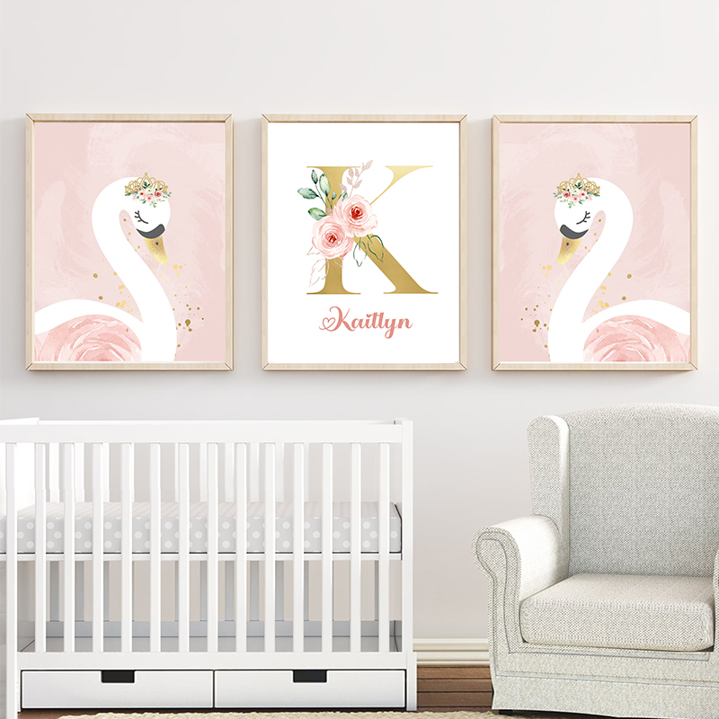 Baby Name Wall Art - Pink Crown Swan Golden Customized Baby