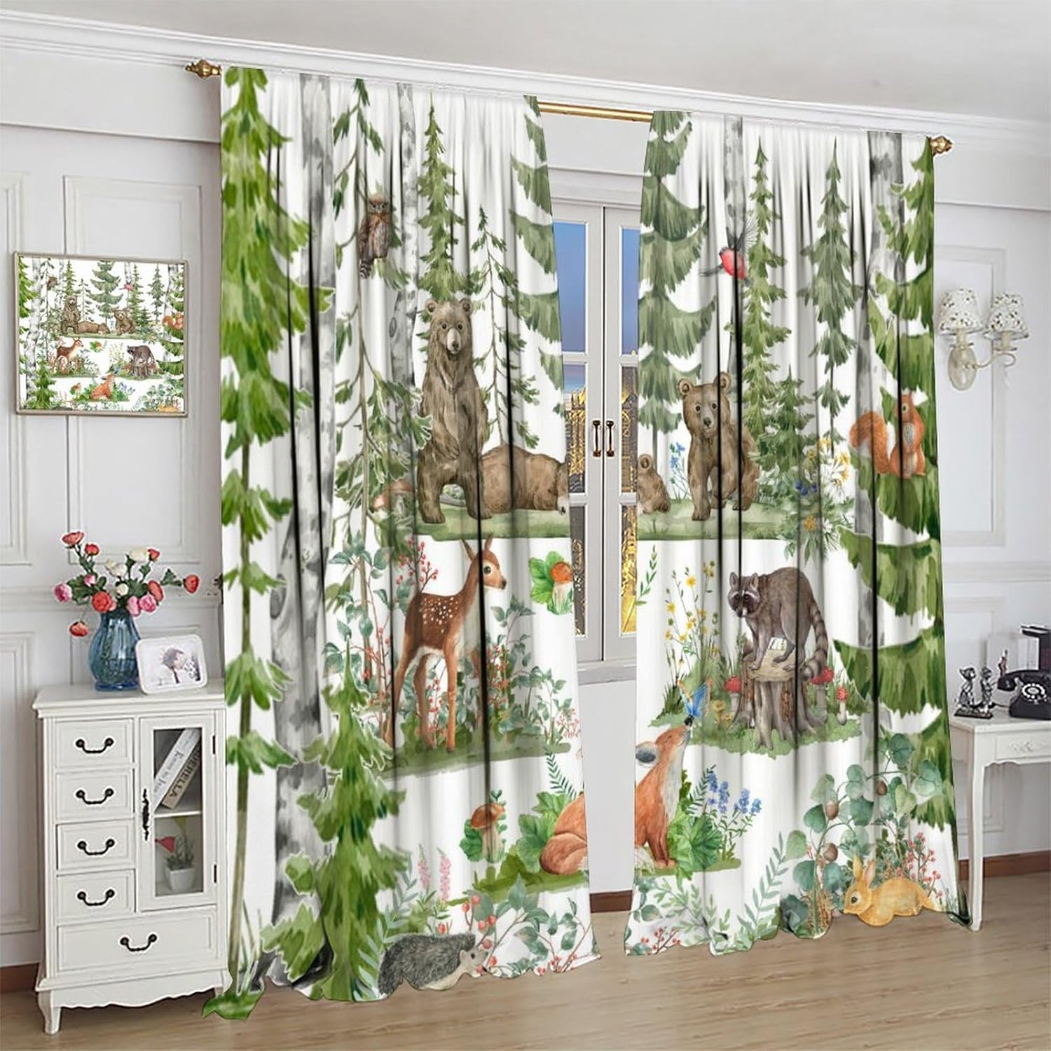 Baby Nursery Green - Forest Animal Curtains for Kids,Watercolor Wild