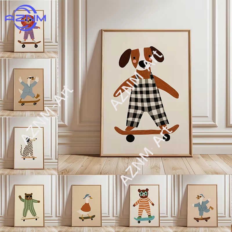 Baby Nursery Art - 1PC Funny Animal Skateboarding Poster Trendy