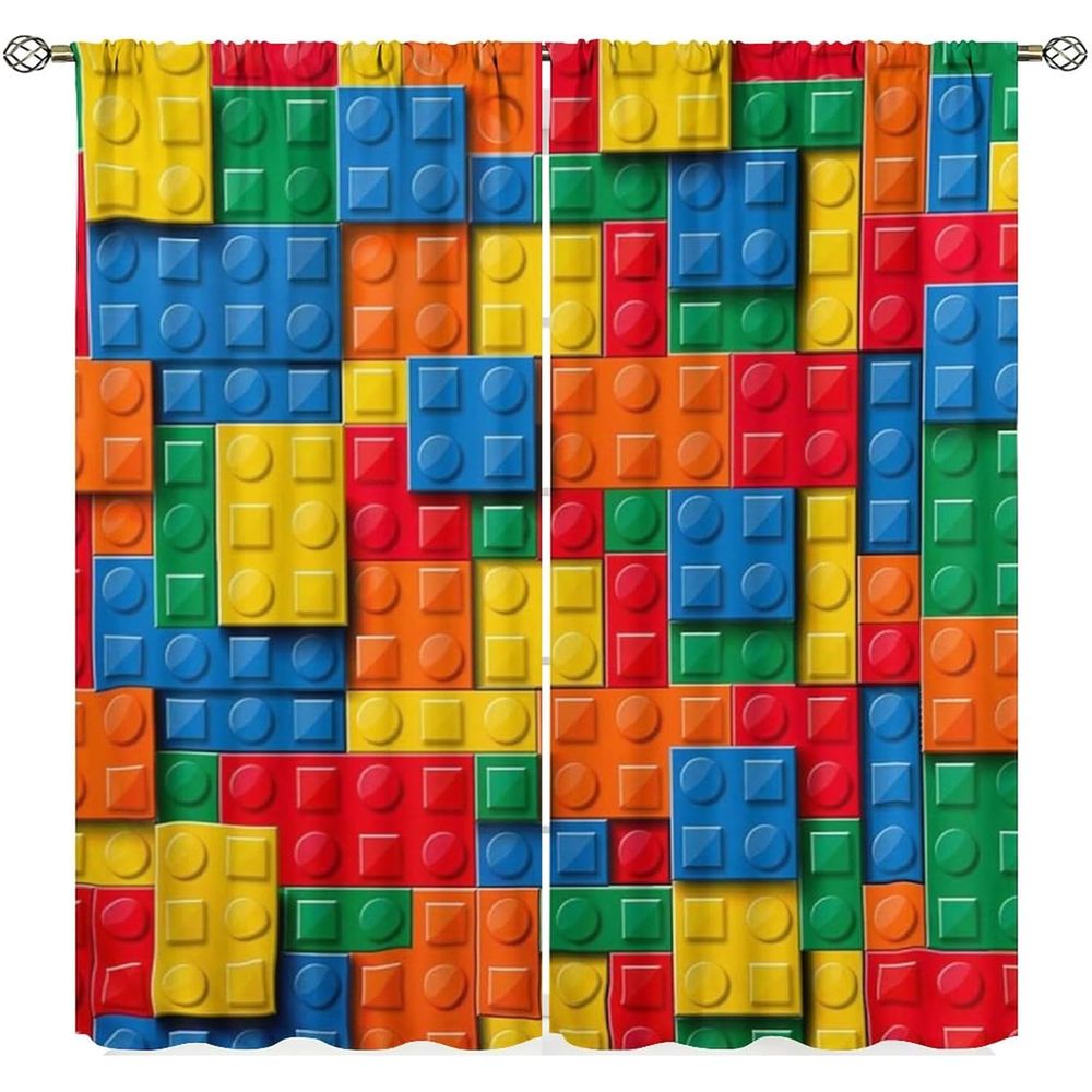 Blackout Curtain Nursery - Colorful Geometric Toy Brick Print Curtains
