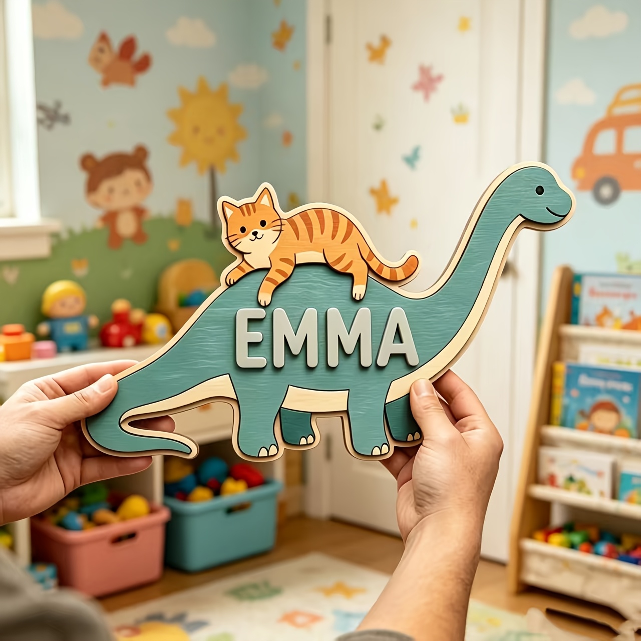 Personalized Cat Riding Dinosa - Baby Nursery In recension och pris
