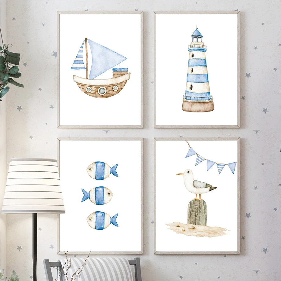 Sailboat Lighthouse Fish Nauti - Baby Nursery Art recension och pris