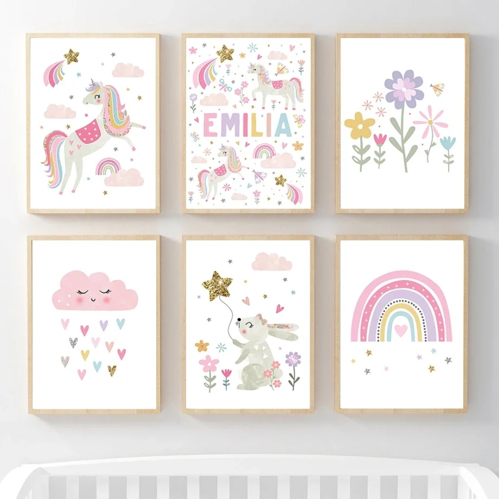 Pink Unicorn Rabbit Rainbow Cl - Baby Name Wall Art recension och pris