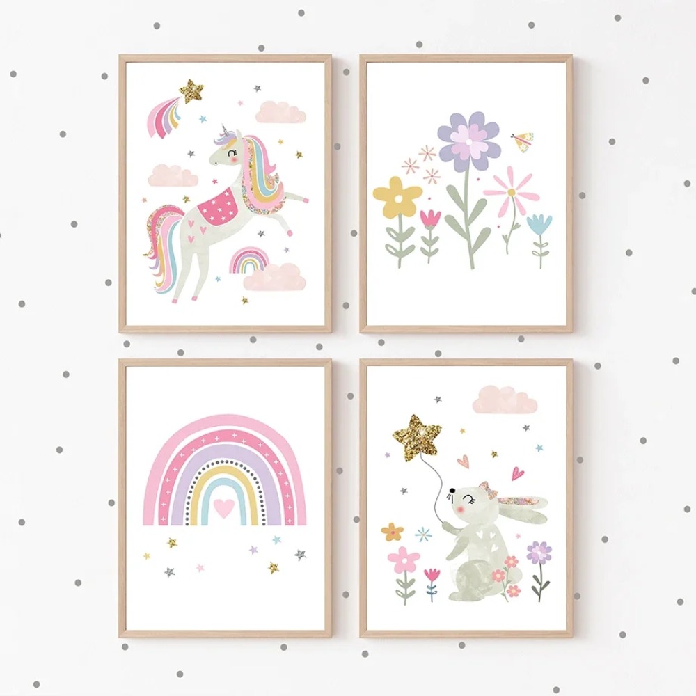 Pink Unicorn Rabbit Rainbow Cl - Baby Name Wall Art recension och pris