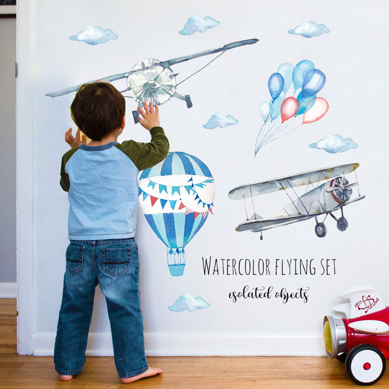 Watercolor Airplane Hot Air Ba - Baby Nursery Mural Wallpaper recension och pris