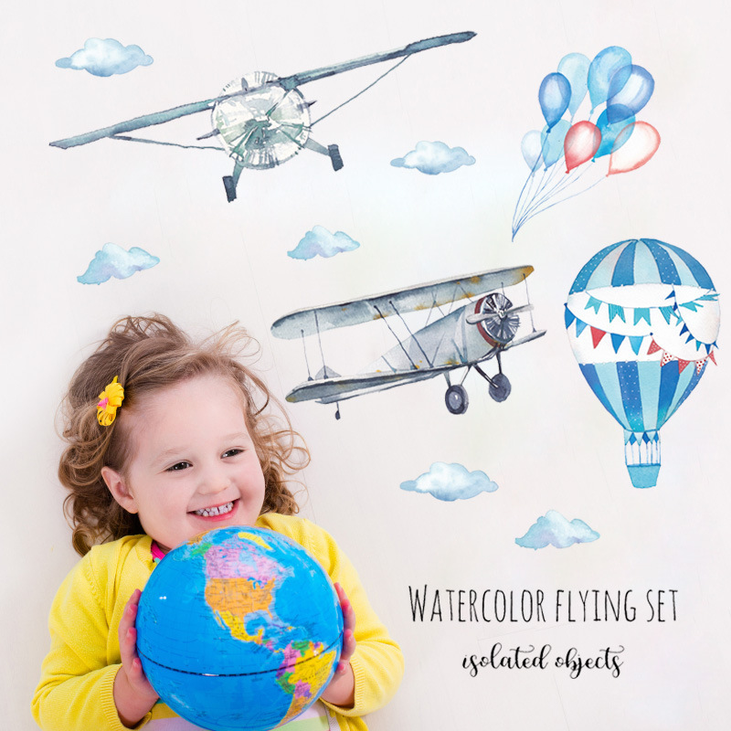 Watercolor Airplane Hot Air Ba - Baby Nursery Mural Wallpaper recension och pris