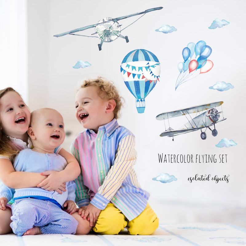 Watercolor Airplane Hot Air Ba - Baby Nursery Mural Wallpaper recension och pris